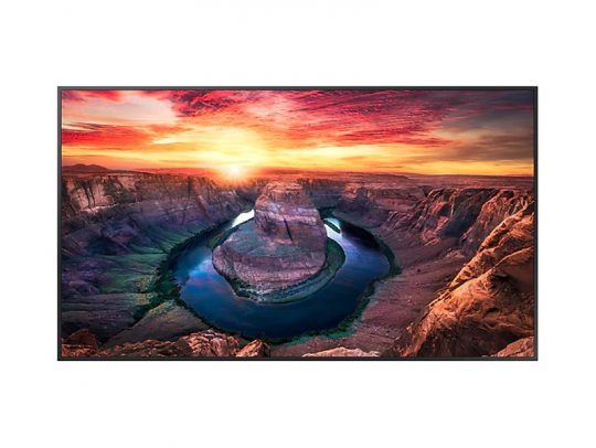 Horseshoe Bend wall art print showing a dramatic U-shaped curve in the Colorado River, surrounded by towering red rock cliffs at sunset, with a vibrant, fiery sky and bright sun overhead. Perfect home decor for nature and landscape lovers.
