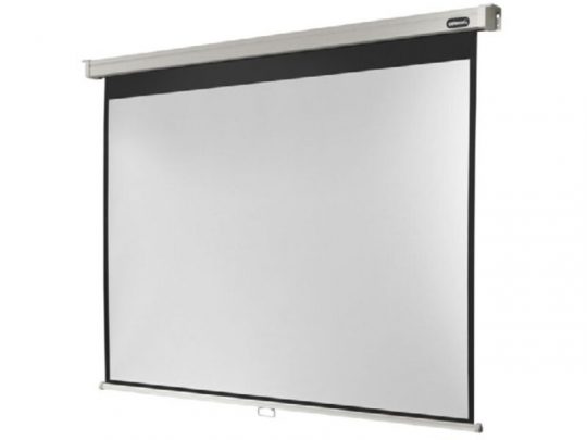 Celexon Professional Roller Screen (new) – wall-mounted pull-down white projection screen with black border, housed in a rectangular metal casing, ideal for clear visuals and modern home or office setups.