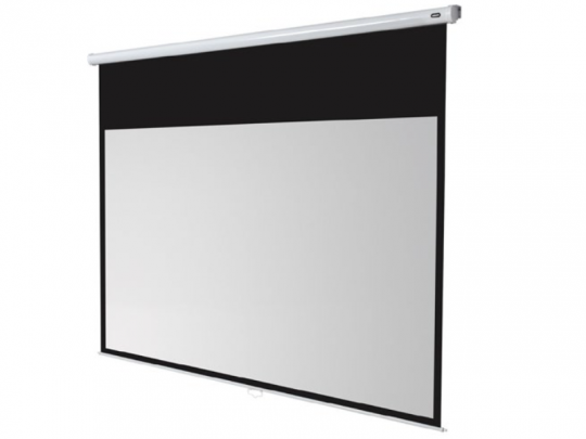 Celexon Economy (new) roller screen, white with a black border, fully extended and hanging from a white metal frame mounted on the ceiling or wall. The projection screen is rectangular and designed for home or office use.