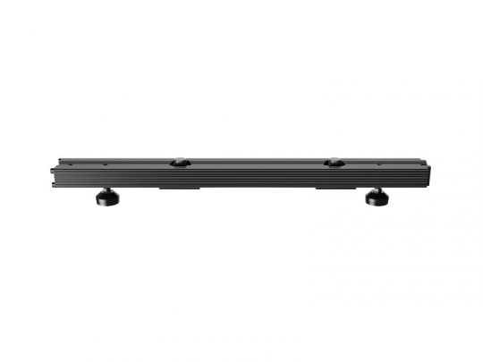 Unilumin Stacking - URMIII 2.6 MK2 Pro foot rent: A black, rectangular metal rail with grooved sides and three adjustable round feet, designed for sturdy stacking support, displayed on a plain white background.