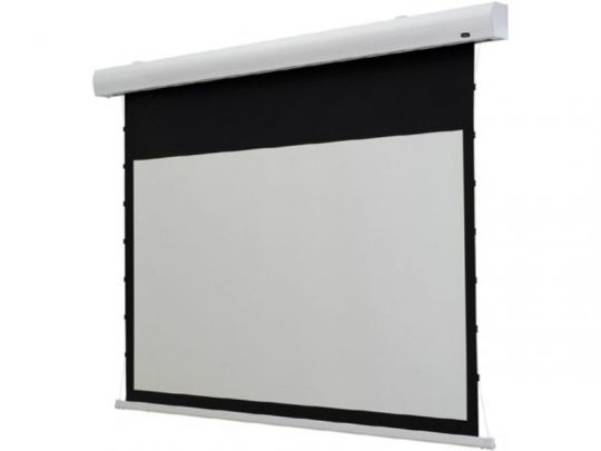 Celexon Tension Home Cinema Motorised Screen with a smooth white projection surface, black border for enhanced contrast, and a slim white casing; retractable design perfect for home theater or presentation use.