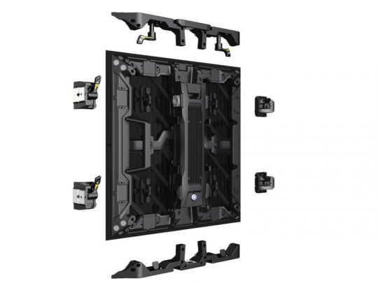 Unilumin URMIII 2.6 MK2 Pro 45° XC LED wall module—black, rectangular 2.6mm pixel pitch display—with separated internal and external components arranged around the main unit on a white background, highlighting the product’s modular design and parts for purchase.