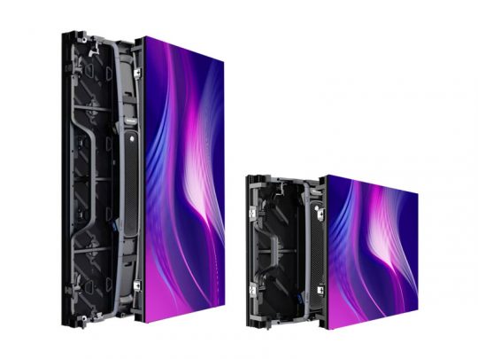 Two slim, rectangular LED display panels—labeled as modern digital signage screens—are shown from the front and side angles. Both screens feature vibrant purple and pink abstract wave designs, highlighting their ultra-thin profiles and sleek, contemporary frames. Perfect for commercial or retail use.