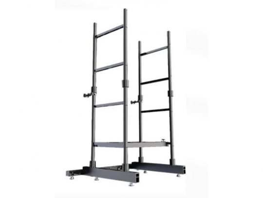 Unilumin Stacking - URMIII 2.6 MK2 Pro Stacking Frame rental: black adjustable squat rack with sturdy vertical supports, horizontal bars, and wide stabilizing feet for weightlifting and strength training, shown against a white background.