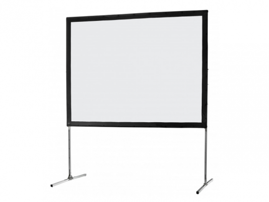 Celexon Mobil Expert Folding Frame Front Projection Screen shown fully assembled; large rectangular white projection surface with sturdy black frame, supported by two metal stands—ideal for professional presentations and events.
