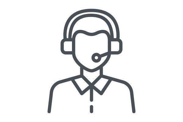 Line drawing of a person wearing a headset with a microphone, symbolizing customer service or technical support. The simple illustration clearly shows the headset over the persons head and the attached mic near their mouth, visually representing support staff.