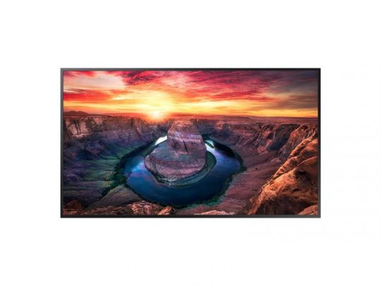 Samsung QM43B-T 43 Inch 4K UHD Signage Display for rent, featuring a vivid image of a horseshoe-shaped canyon with a winding river, surrounded by red rock cliffs and a striking sunset sky.