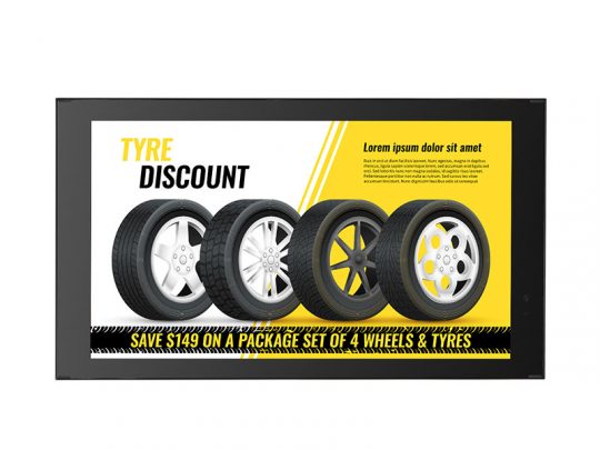 Digital advertisement featuring four black car wheels with tires displayed on a yellow and white background. Large bold text reads TYRE DISCOUNT. A banner underneath announces Save $149 on a package set of 4 wheels & tyres. Perfect for drivers looking for discounted wheel and tire packages.