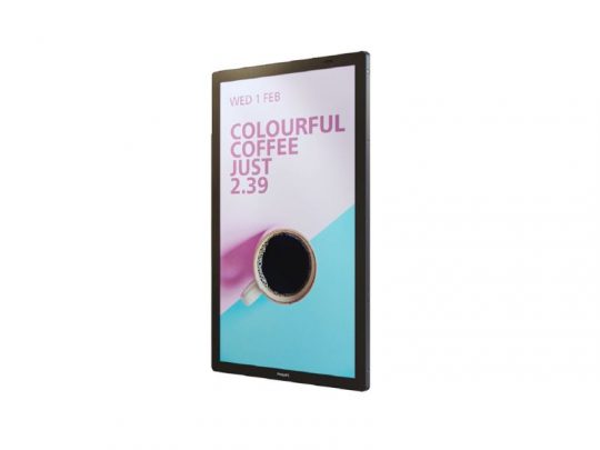 Digital display screen featuring a coffee advertisement with the text Colourful Coffee Just 2.39 and an image of a takeaway coffee cup on a vibrant, colorful background.