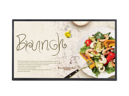 Digital screen displaying the word Brunch in stylish script, with a vibrant plate of salad, shrimp, tomatoes, and assorted vegetables on the right; menu recommendation text appears on the left side. Ideal for restaurant digital menus or brunch promotion displays.