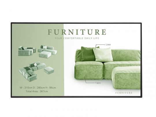 Modern green sectional sofa with labeled sections for linen and fabric. The image shows a spacious L-shaped modular couch measuring 310cm wide, 280cm deep, and 86cm high, with a total area of 367cm. Inset images display various sofa configurations for flexible seating arrangements.