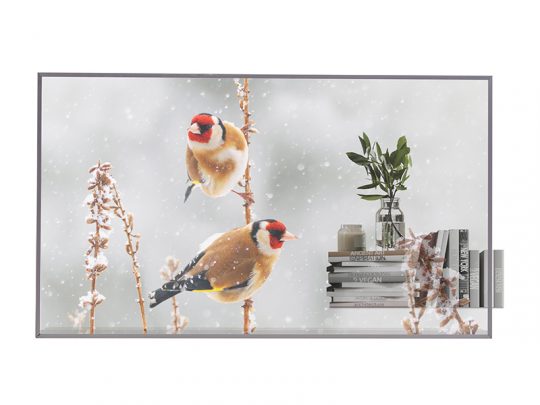 Product image shows a modern wall-mounted digital display featuring two colorful birds perched on dry stems in a snowy winter landscape. The screen is positioned above a tidy shelf with stacked books, a small potted plant in a vase, and minimalist decorative items, creating a cozy and stylish home decor setting. Ideal for digital art frames or smart displays.