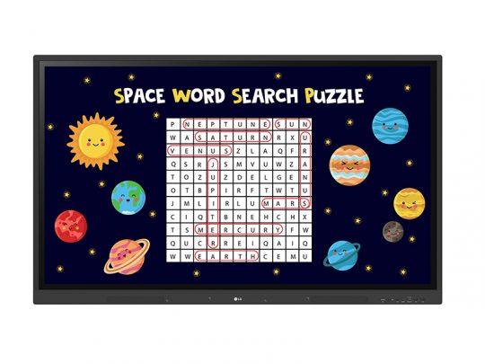 Space Word Search Puzzle digital game shown on a screen with a grid of letters. Cartoon planets and a smiling sun decorate the border. Planet names like Neptune, Saturn, and Earth are highlighted within the puzzle grid, emphasizing the space theme. Perfect educational activity for kids learning about space and astronomy.