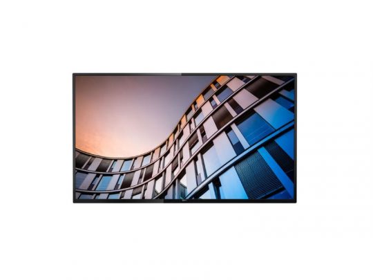 Flat-screen television showing a high-resolution image of a modern curved glass building reflecting the sunset sky. The TV has slim bezels and a sleek, minimalist design, ideal for contemporary living rooms or home theaters.