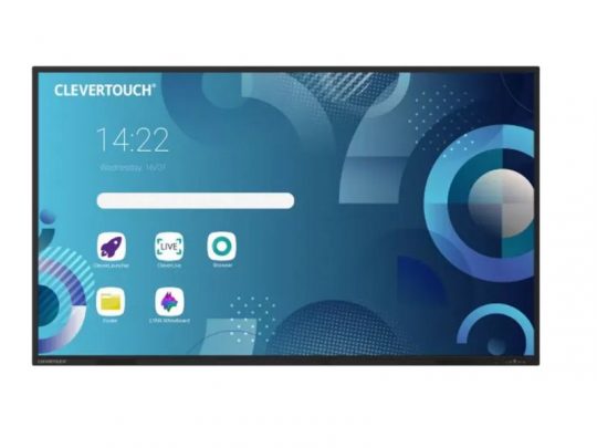 CLEVERTOUCH digital interactive display screen showing a blue abstract background, the time 14:22, and app icons for files, browser, whiteboard, and other tools on the left side.