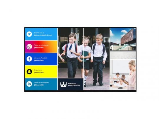 Monarch Middle School digital display showing social media handles and icons on the left, with photos of smiling students in school uniforms and a modern school building on the right.