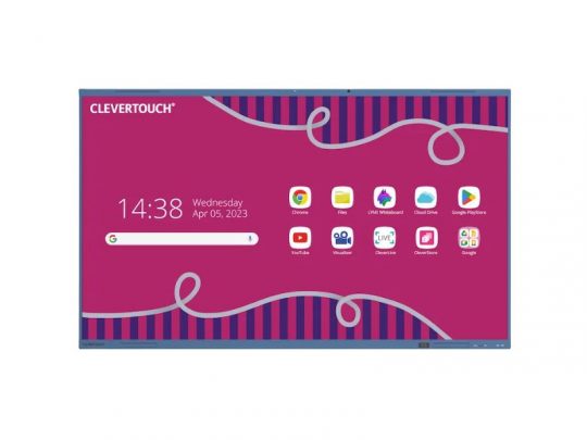 Clevertouch interactive display screen showing time, date, and app icons—Chrome, YouTube, Google Drive, Line Whiteboard—on a pink background with wavy lines. Ideal for classrooms and presentations.