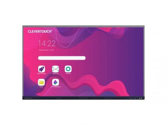 Clevertouch interactive display screen featuring a vivid purple and pink abstract background, with the time, date, and app icons for Cleverstore, Live, Browser, and Files visible on the touchscreen interface. Perfect for smart classrooms and collaborative meetings.
