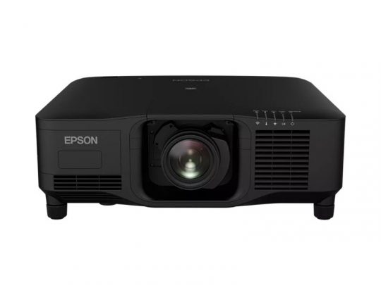 Black Epson projector, front view showing central lens, side ventilation grilles, and top right control buttons—ideal for home or office presentations.