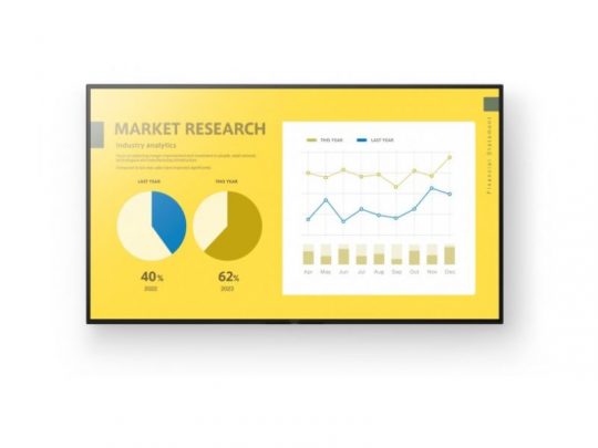 Market research report on a computer screen featuring a yellow theme, with pie charts comparing last year (40%) and this year (62%), alongside a line graph displaying monthly data trends over two years.