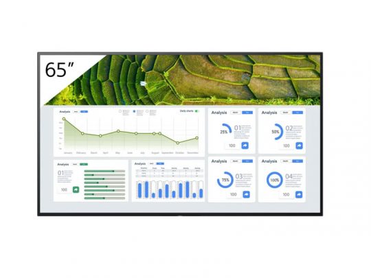 65-inch smart display screen showing an aerial view of lush green terraced fields on the top half, with colorful data analysis charts, graphs, and statistics featured on the bottom half. Ideal for business presentations and interactive data visualization.
