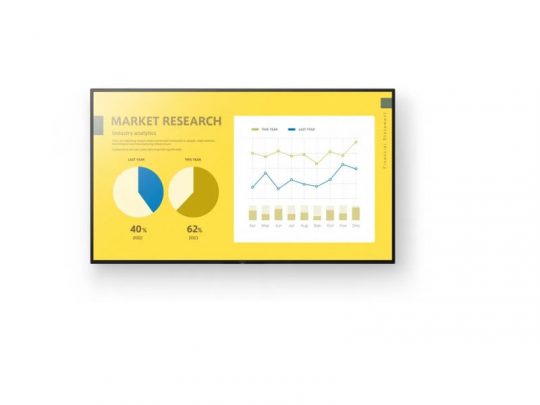 Market Research presentation slide in yellow and white, featuring two pie charts comparing last years market share (40%) to this year’s (62%), alongside a line and bar graph depicting monthly data trends for both years.