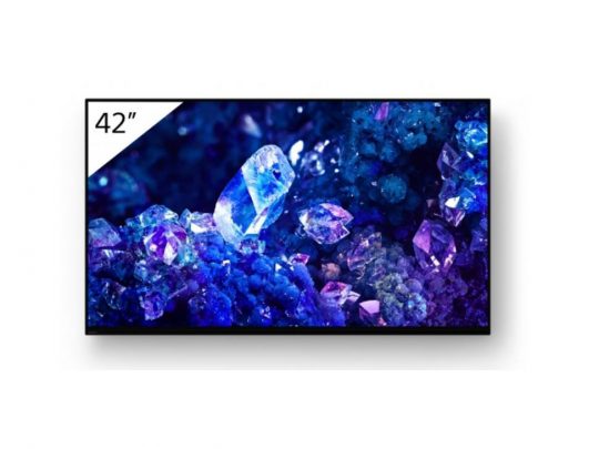 42-inch flat screen TV displaying a vibrant, high-resolution image of blue and purple crystals; the TVs upper left corner features “42” in bold text.