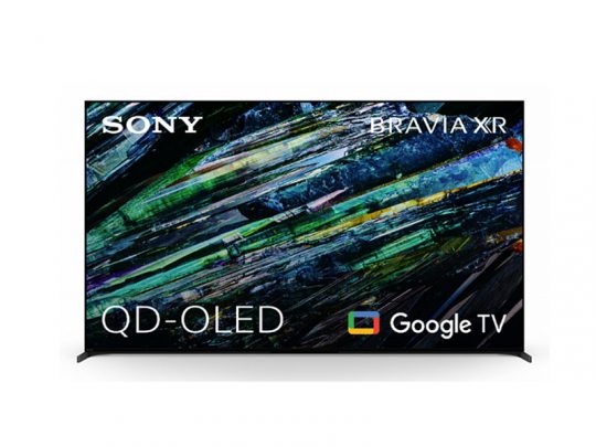 Sony Bravia XR QD-OLED smart TV displaying a vibrant, abstract colorful image on screen; logos for QD-OLED and Google TV are visible in the lower left corner.