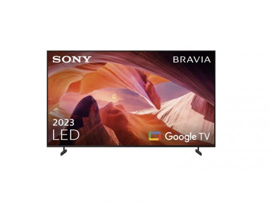 Sony Bravia 2023 LED Google TV with slim bezels and two stand feet, displaying a vivid landscape image on the screen. The front shows text: Sony, Bravia, 2023 LED, and the Google TV logo.