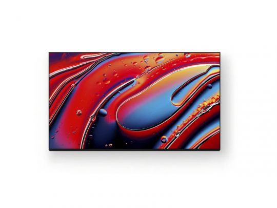 Flat-screen TV mounted on a white wall, displaying vibrant abstract digital art with swirling red, blue, and orange colors and liquid-like patterns. Perfect for modern home décor or entertainment spaces.