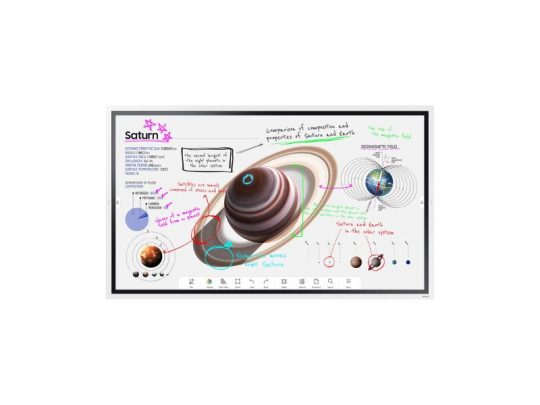 Digital whiteboard showing educational diagrams and notes about Saturn, featuring its iconic rings, orbital paths, size comparison with Earth, and colorful handwritten explanations with arrows for interactive learning.