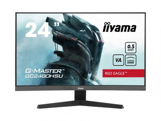 24-inch iiyama G-Master GC2480HSU-B1 Gaming Monitor displaying a futuristic armored character; features include 0.5 ms MPRT response time, VA panel, curved 1500R screen, and Red Eagle branding.