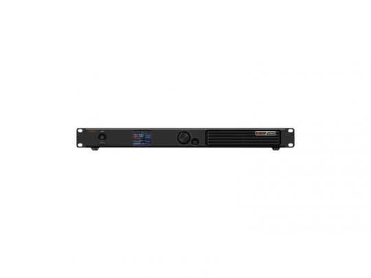 Import placeholder for 83414: Black audio power amplifier with digital display, control knob, ventilation grilles, and rack-mountable design, shown on a white background.