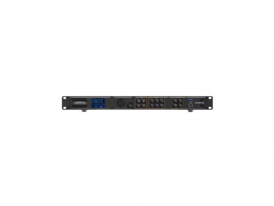 Import placeholder for 83476: Black 1U rack-mount audio device with various input and output ports, control buttons, a small display screen, and LED indicators on the front panel, shown isolated on a white background.