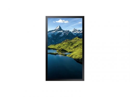 Framed vertical photograph of a scenic landscape featuring snow-capped mountains, lush green hills, and a clear blue lake beneath a partly cloudy sky. Perfect wall art for home or office decor.