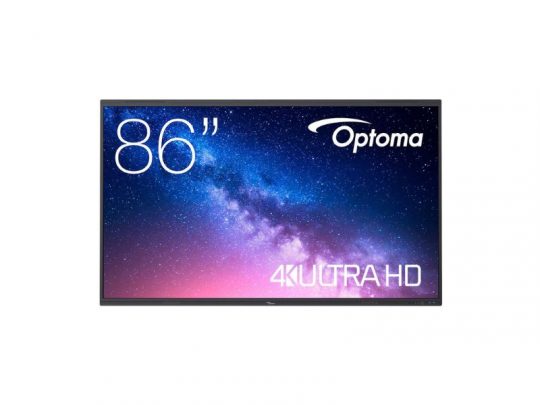 Optoma 86-inch 4K Ultra HD TV displaying a vibrant starry night sky, with Optoma and 4K ULTRA HD text visible on the screen. Ideal for detailed, high-resolution home entertainment.