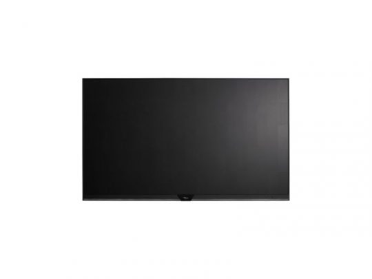 A large flat-screen TV with a slim black frame, shown turned off against a plain white background. The television screen is completely black, highlighting the modern and minimalist design of the product. Perfect for home entertainment setups or living rooms.