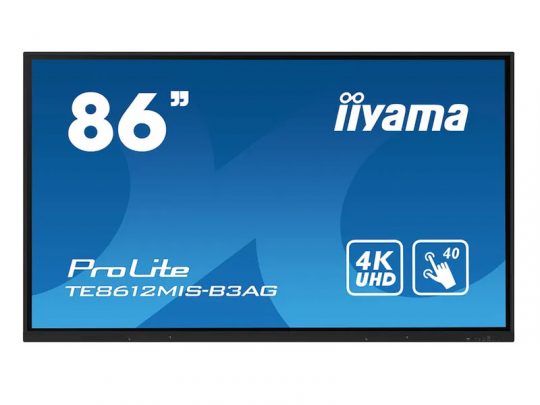 Large iiyama ProLite TE8612MIS-B3AG 86-inch 4K UHD interactive flat screen display with 40 touch points, shown on a blue background.