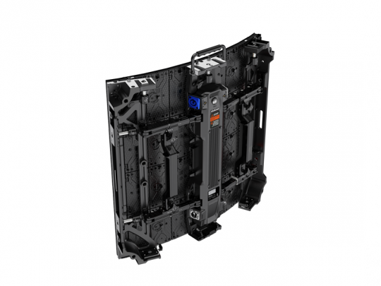 Rear view of the Import placeholder for 68057, a black rectangular LED display panel featuring a sturdy top handle, prominent structural framework, and a central electronic module for connectivity and power. This commercial-grade LED screen is designed for easy transport and installation in event setups.