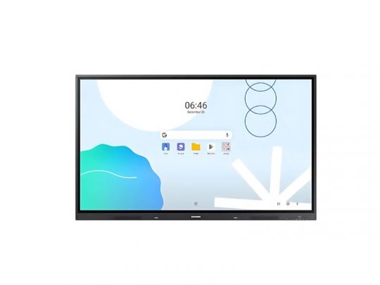 Large interactive display screen with a modern user interface, showing time, date, search bar, app icons, and abstract blue, green, and white shapes on a light background; ideal for collaborative workspaces or classrooms.
