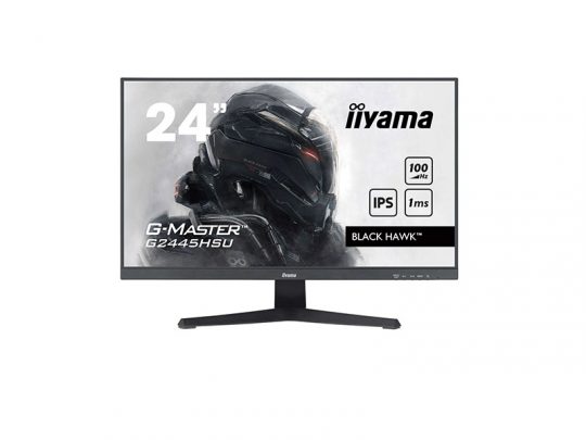 24-inch iiyama G-Master Black Hawk gaming monitor displaying a futuristic armored character on screen; features IPS panel, 100 Hz refresh rate, and 1 ms response time.