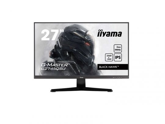 27-inch iiyama G-Master Black Hawk gaming monitor with a slim black frame, displaying a sci-fi soldier graphic on screen; key features shown include 2560x1440 resolution, 1ms response time, 100Hz refresh rate, and IPS panel for vibrant gaming visuals.