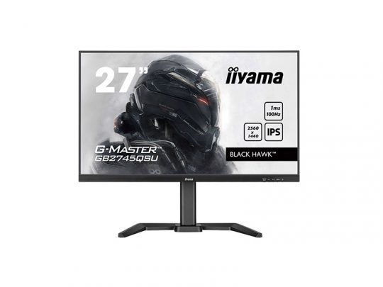 27-inch iiyama G-Master Black Hawk gaming monitor with 2560x1440 resolution, 1ms response time, 100Hz refresh rate, and IPS panel. The screen displays a futuristic armored figure, highlighting the monitor’s vibrant color and sharp detail. Perfect for gamers seeking high performance and immersive visuals.