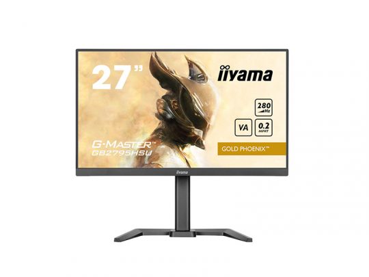 27-inch iiyama G-Master Gold Phoenix gaming monitor displaying a futuristic armored character; features highlighted include 280Hz refresh rate, ultra-fast 0.2ms response time, and VA panel technology.