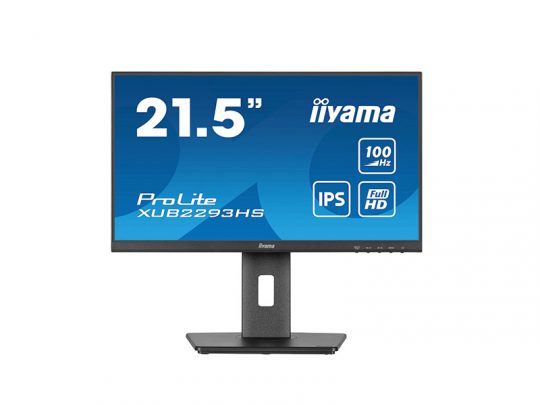21.5-inch iiyama ProLite XUB2293HS computer monitor on a stand, screen showing specs like 100Hz refresh rate, IPS panel, and Full HD resolution; slim black bezel design.