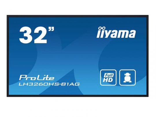 Iiyama ProLite LH3260HS-B1AG 32-inch digital display monitor with blue background, Full HD icon, and feature icons highlighting screen quality.