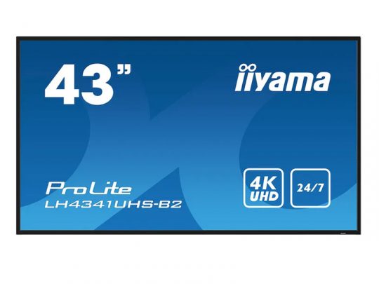 43-inch iiyama ProLite LH4341UHS-B2 monitor displaying a blue screen with white text showing 43, iiyama, ProLite LH4341UHS-B2, 4K UHD, and 24/7; this flat-screen 4K UHD display is designed for continuous, professional use.