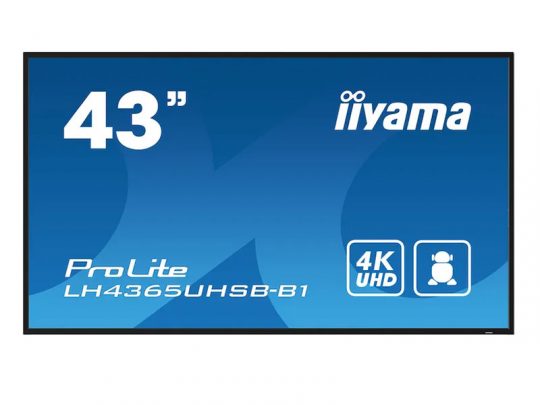 43-inch iiyama ProLite LH4365UHSB-B1 4K UHD flat-screen display on a blue background, featuring icons for 4K resolution and user profile.