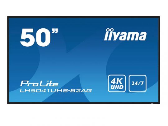 50-inch iiyama ProLite LH5041UHS-B2AG display with black frame, showcasing 4K UHD resolution and 24/7 usage features on screen against a blue background.