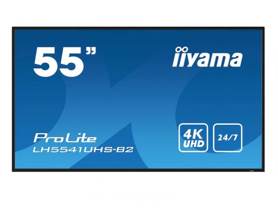 55-inch iiyama ProLite LH5541UHS-B2 display screen on a blue background, showcasing its 4K UHD resolution and 24/7 operation capability.